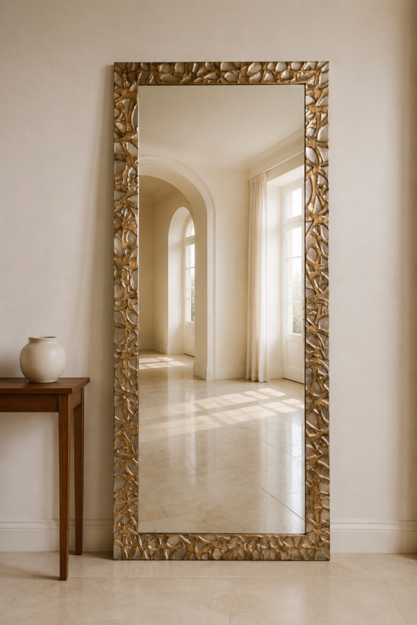 Grande specchio alto con cornice lavorata color oro